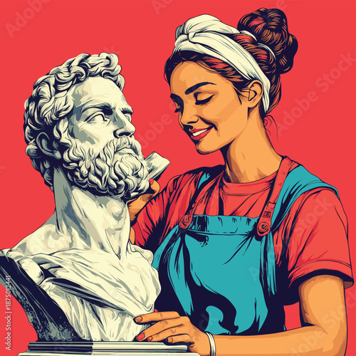 smiling female sculptor chiseling a classical-style male bust, wearing an apron and headband. Generative ai raster colorful pop art illustration. , vector style simple color