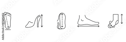 Shoe measurement icon set, footwear sizing, tailor tools, foot length, heel height outline illustration.