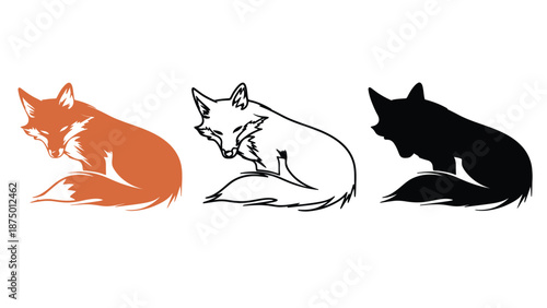 Three foxes in different colors sitting in a row on white background