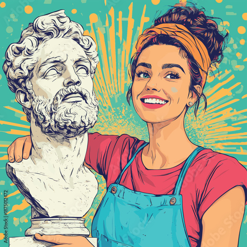smiling female sculptor chiseling a classical-style male bust, wearing an apron and headband. Generative ai raster colorful pop art illustration. , vector style simple color