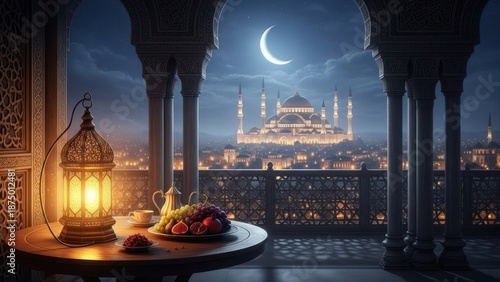 Serene Ramadan evening with lantern, fruits, and mosque view