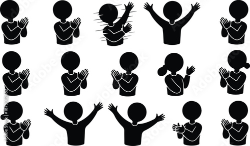 Playful Human Silhouette Clapping Pose Bundle, Flat Vector People Icons for Applause, Cheering, Support, Event Reaction and Positive Emotion Illustration.