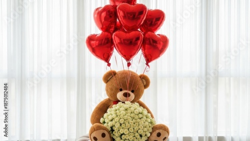 Adorable teddy bear holding white roses with heart balloons