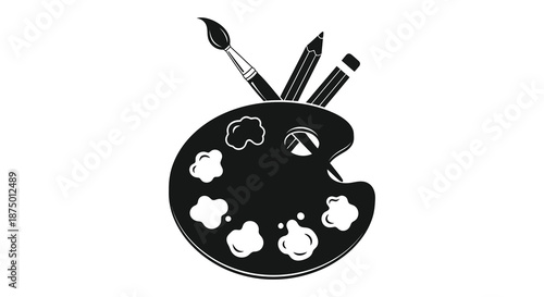A striking black and white illustration of artist tools a palette brushes and paints silhouette