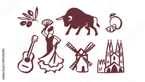 A collection of Spanish cultural icons and symbols in maroon color
