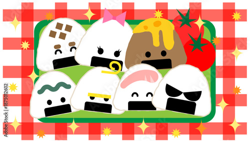 いろいろな具材のおにぎりが集まったイラスト