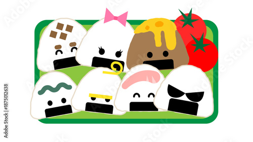 お弁当箱に入ったいろいろな具材のおにぎりイラスト