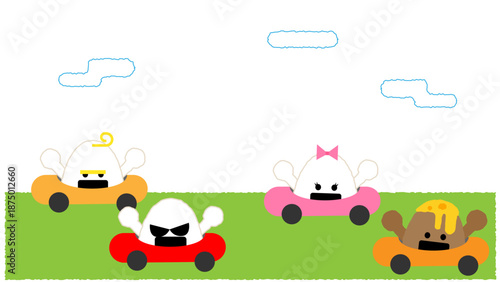草原をドライブするおにぎりのキャラクターイラスト