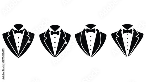 Four elegant tuxedo shapes in a striking black and white silhouette