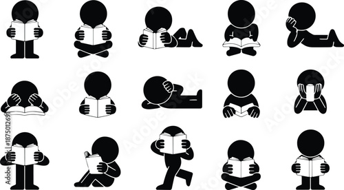Playful Human Silhouette Reading Pose Bundle, Flat Vector People Icons for Book Lovers, Education, Knowledge, Study Habit and Learning Lifestyle Illustration