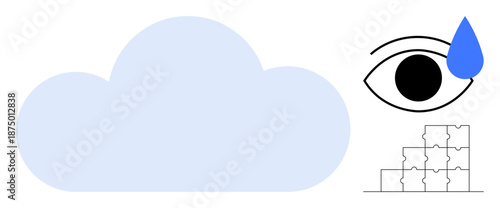 Cloud technology. Abstract elements cloud systems, visual perception, and connectivity. Cloud integration with puzzle pieces and eye icon. For data storage, tech solutions, creativity, innovation