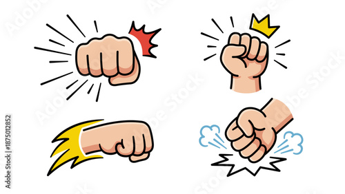 Set of four comic style fist punch vector illustrations. Powerful hand hitting with motion lines, impact effects, and speed elements. Cartoon isolated icons for stickers, badges, and logos.