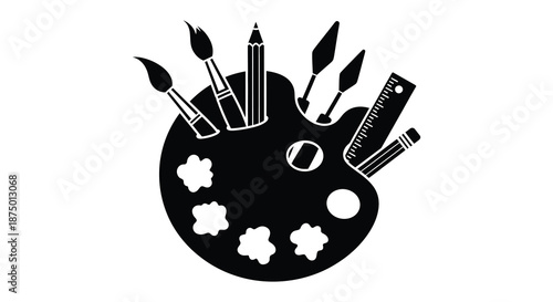 A striking black silhouette of painting tools including brushes and a palette stands out