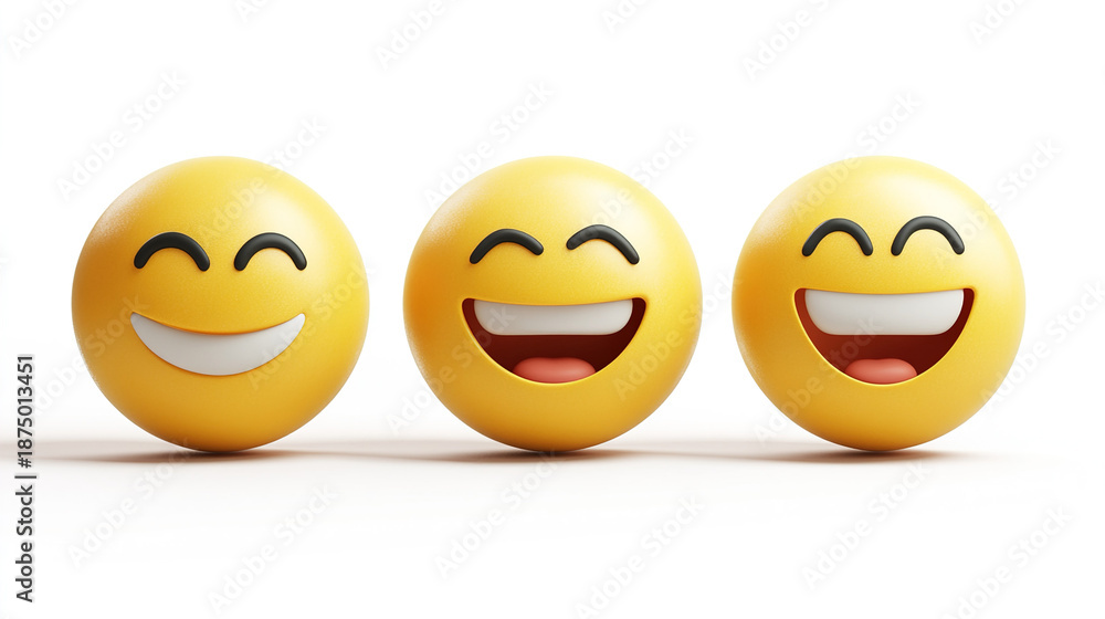 Fototapeta premium Three smiling emoji faces with different expressions on a white background in 3D rendering style