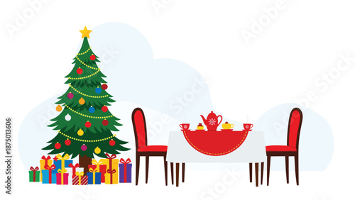 Festive Christmas holiday scene with a decorated tree, a pile of presents, and a dining table set for two people.
