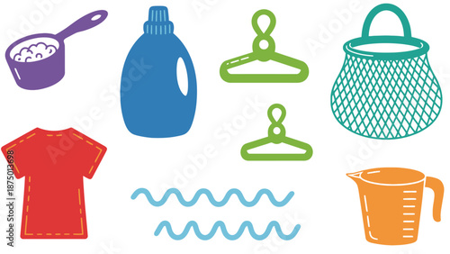 A colorful illustration of laundry supplies and clean clothes