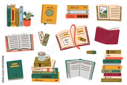 Set of book doodles for reading and study, vector flat cartoon illustration collection in cozy style. Open books, stacks and shelves for hobby, self time and interior themes, education, libraries