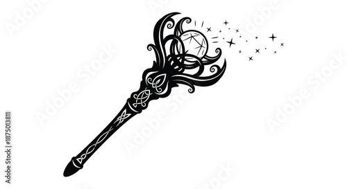 An intricately designed magic wand with glowing orb and sparkling trails a dark silhouette