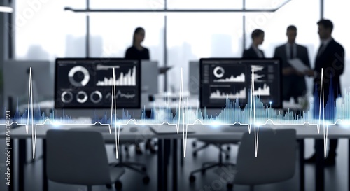 Office Team Analyzing Data with EKG Overlay, Business and Techno