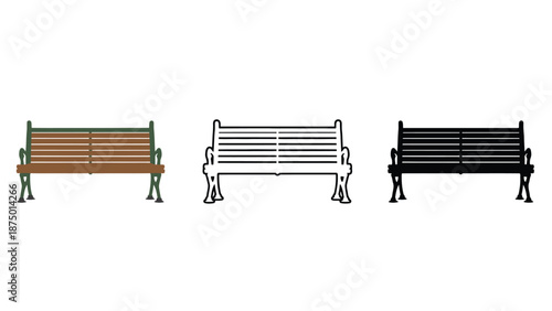 Three different colored benches in a row on a white background