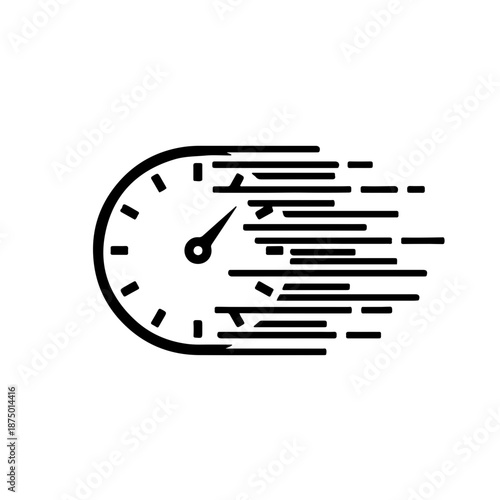 black and white speedometer icon featuring abstract motion lines. The right side of the gauge dissolves into thin horizontal streaks to represent extreme velocity, rapid acceleration