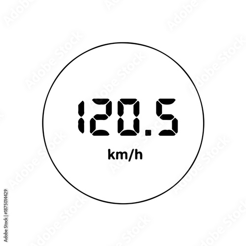 black and white icon featuring a digital decimal readout surrounded by a thin circular frame. Designed in a speed test style, clearly displays velocity with "km/h" units, ideal for network monitoring