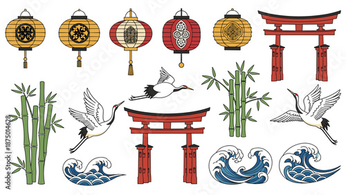 Collection of traditional Japanese cultural symbols including cranes, lanterns, torii gates, bamboo, and ocean waves.