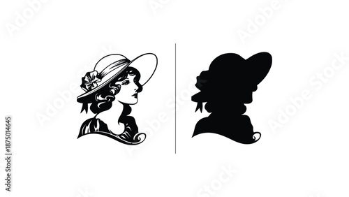 Elegant profile silhouette of a woman in a vintage hat adorned with flowers
