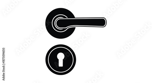 A black and white depiction of a door handle and keyhole in a striking silhouette
