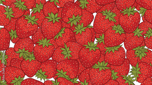 Vibrant and dense background pattern completely filled with fresh, ripe red strawberries and their green leafy tops.