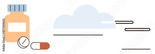 Healthcare, medical supplies, digital health, cloud storage, online pharmacies, drug distribution. Pills and a bottle with an abstract cloud design. Healthcare and digital health concept