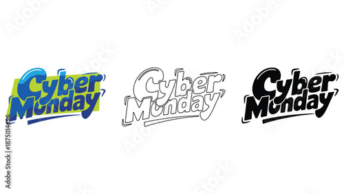 Three different Cyber Monday logos on a white background