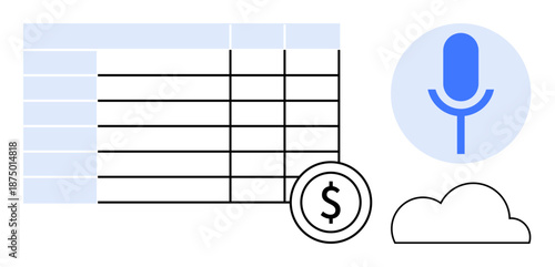 Finance, data analysis, remote work, technology, cloud computing, voice control. A data table, a dollar sign a microphone icon and a cloud symbol. Finance and data analysis concepts