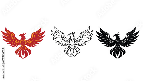 Three colorful phoenix birds in different colors on a white background