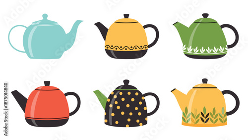 Set of six colorful and decorative ceramic teapots with various patterns and designs, isolated on a white background.