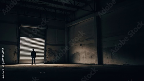 A lone figure stands in a vast, dimly lit warehouse with an open door