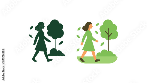 A woman walking in nature with trees and leaves around her