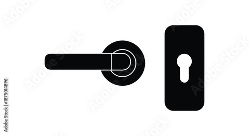 A minimalist depiction of a door handle and keyhole in stark black silhouette