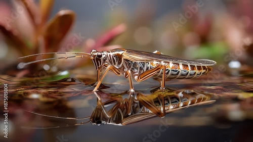 Detailed insect robot in water, macro shot, reflection