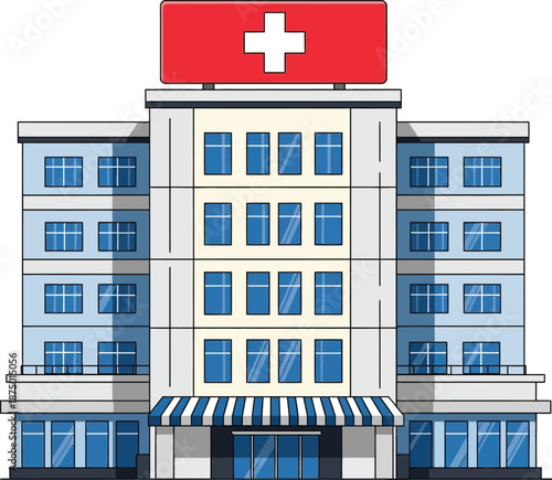 Hospital building with red cross sign and blue white striped awning isolated on transparent background