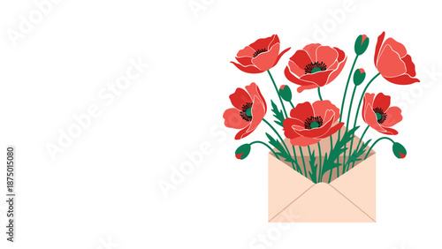 Beautiful bouquet of vibrant red poppy flowers emerging from an open envelope, isolated on a clean white background.