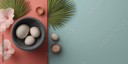 Tropical Spa Background with Flowers and Zen Stones, Free Space
