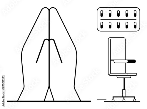 Wellness, meditation, work-life balance, spirituality, healthcare, productivity. Praying hands, office chair medicine blister pack. Wellness and meditation in a professional and healthcare context