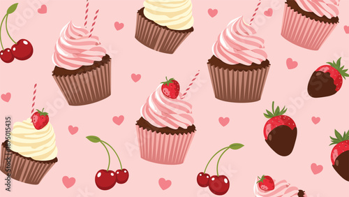 Sweet and romantic seamless pattern with delicious cupcakes, chocolate-dipped strawberries, cherries, and hearts on a pink background.