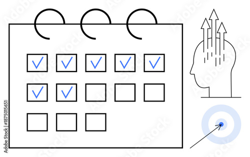 Productivity concept. Productivity tools, checklists, and goals illustrated by a calendar with checkmarks, a human head with arrows showing focus, and a target. For planning, organization, time