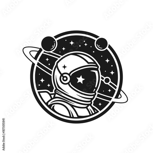 Astronaut Helmet Emblem with Planets and Stars