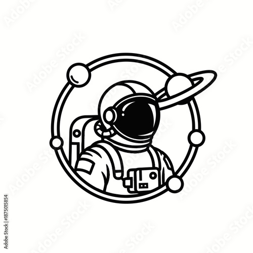 Astronaut in Space with Planets and Saturn Ring - Outline Icon