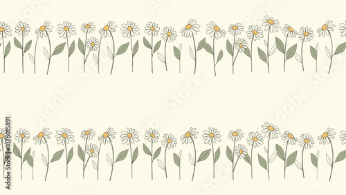 Seamless horizontal border pattern of hand-drawn daisies with green stems, creating a simple and cute floral divider.