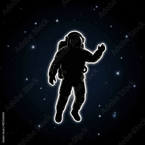 Astronaut silhouette waving in starry space, glowing outline, zero gravity, exploration concept