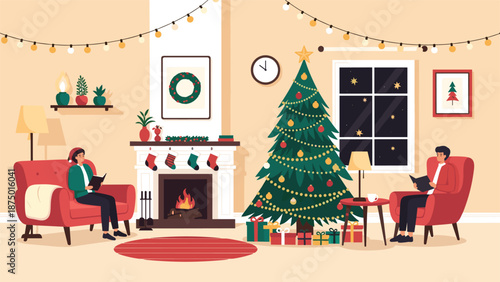 Cozy Christmas evening scene with a couple reading by a fireplace in a decorated living room with a large holiday tree.